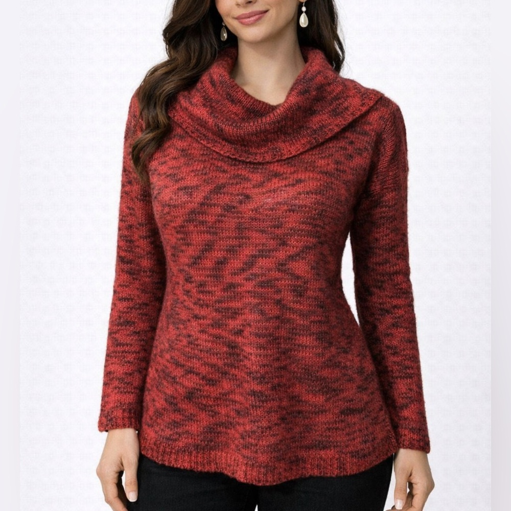ANNE KLEIN Turtleneck Acrylic Nylon Mohair Sweater Red Black Lightweight